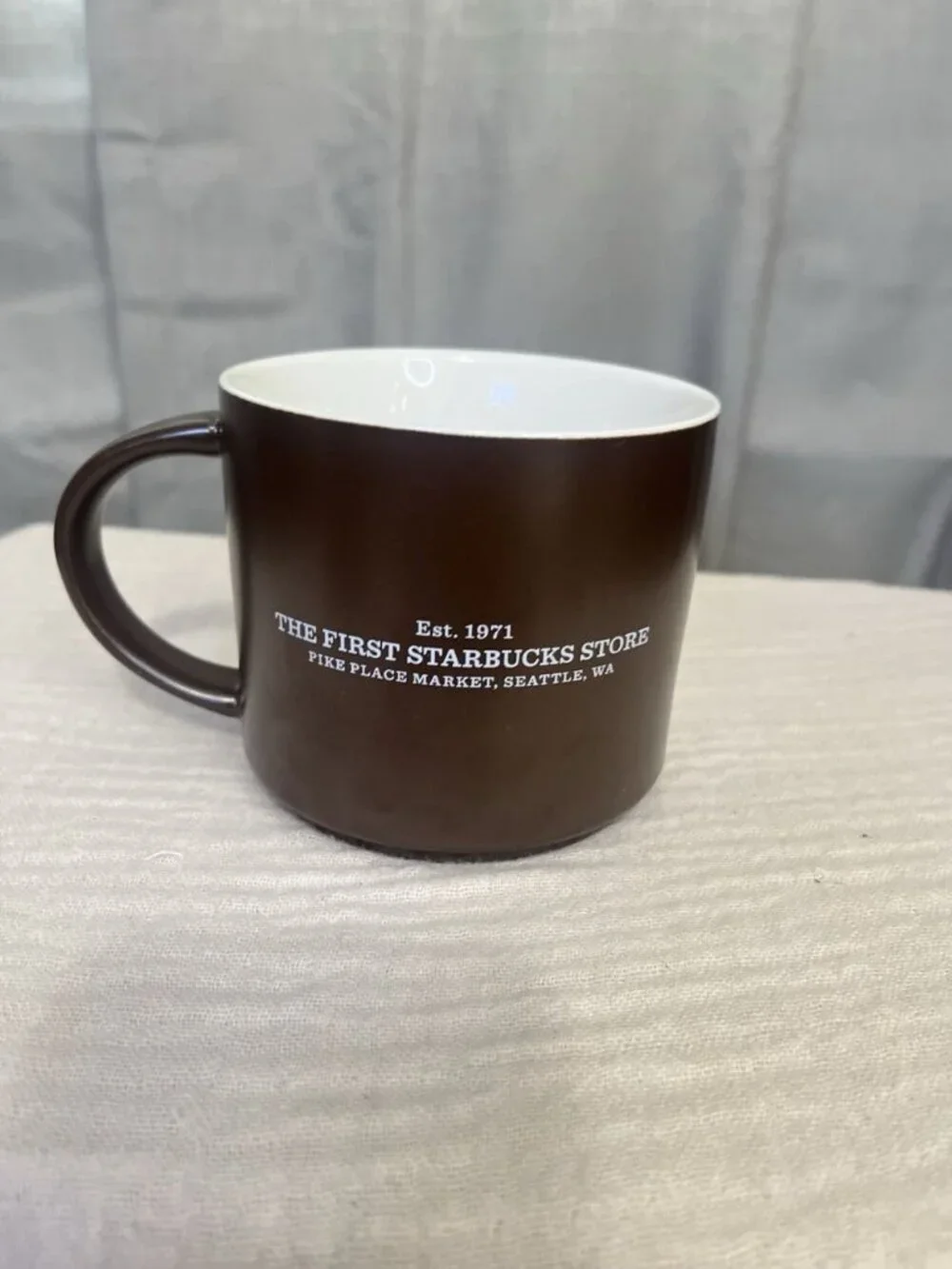 Starbucks 2013 Matte Brown Coffee Mug First Store Pike Place Market Seattle 14oz